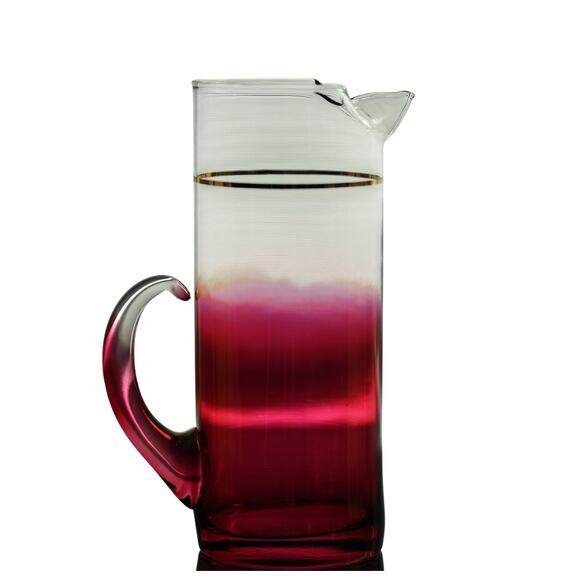 Vintage Cranberry Blendo Martini Pitcher Set: Red Flash Gold  Vtg. Blendo Ombre Rose Cranberry Glassware Set W/ Gold Trim